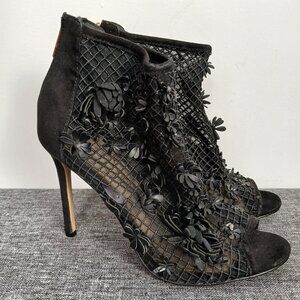 Jessica Simpson Heels 7.5 Black 3D Floral Stiletto Peep Toe 4” Gold Detail